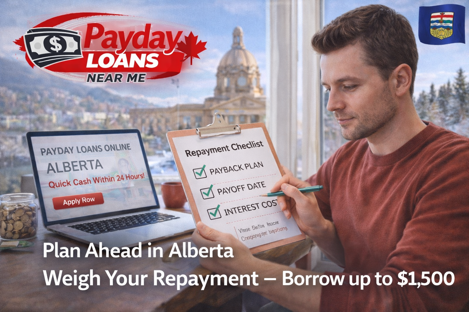 Alberta borrower reviewing a repayment checklist before applying for a payday loan