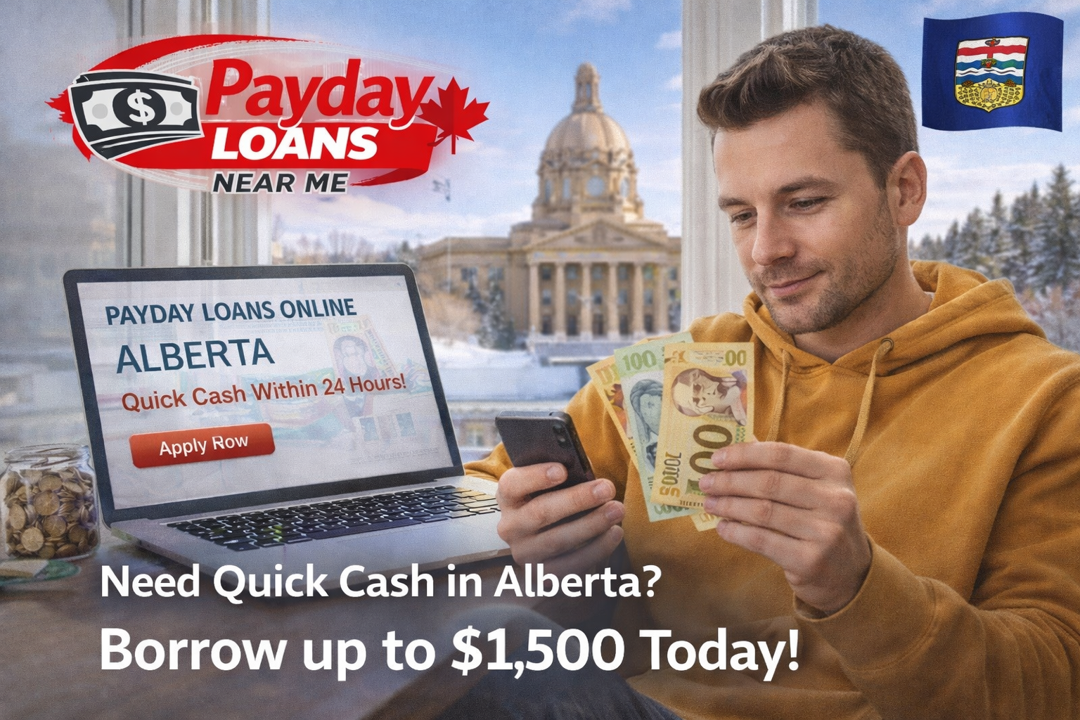 Alberta borrower reviewing online payday loan information with Canadian cash