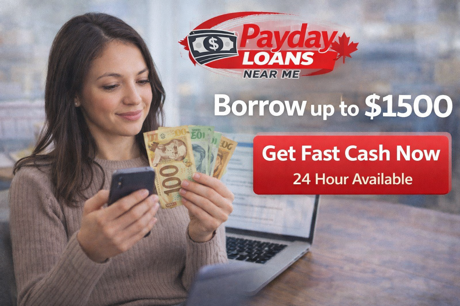 British Columbia borrower reviewing payday loan information online with Canadian cash