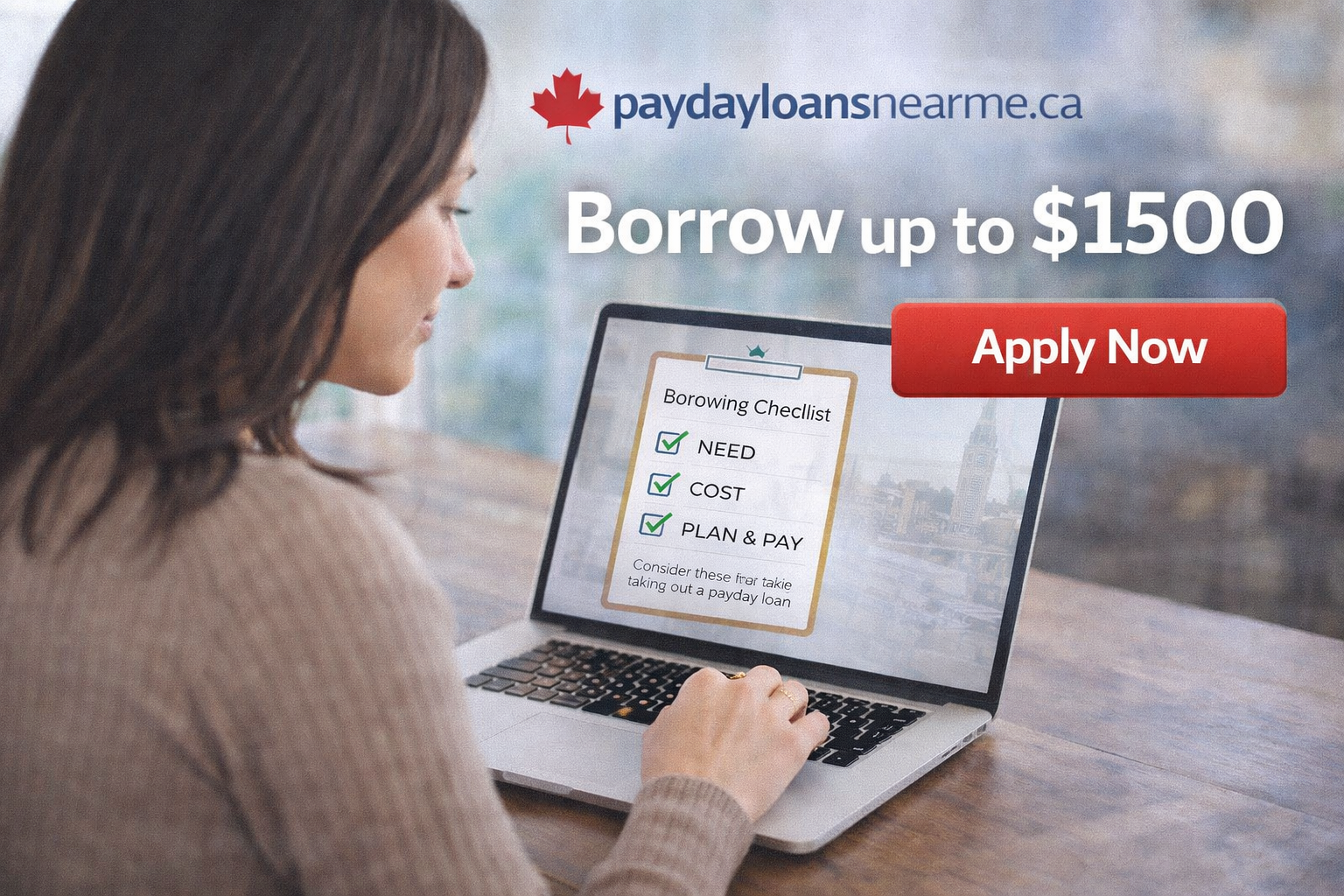Ontario borrower using laptop and reviewing a borrowing checklist