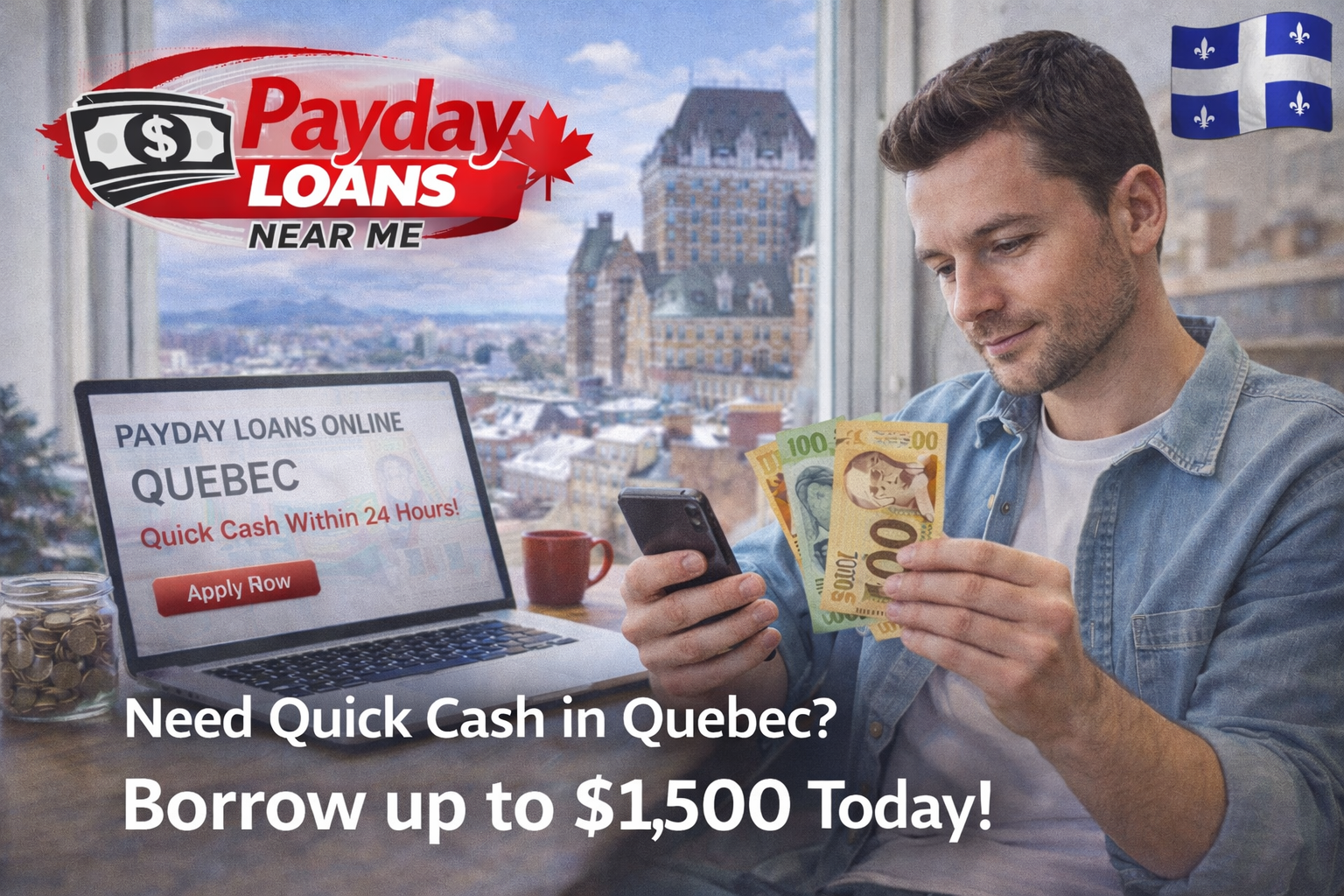Quebec borrower reviewing payday loan information online with Canadian money