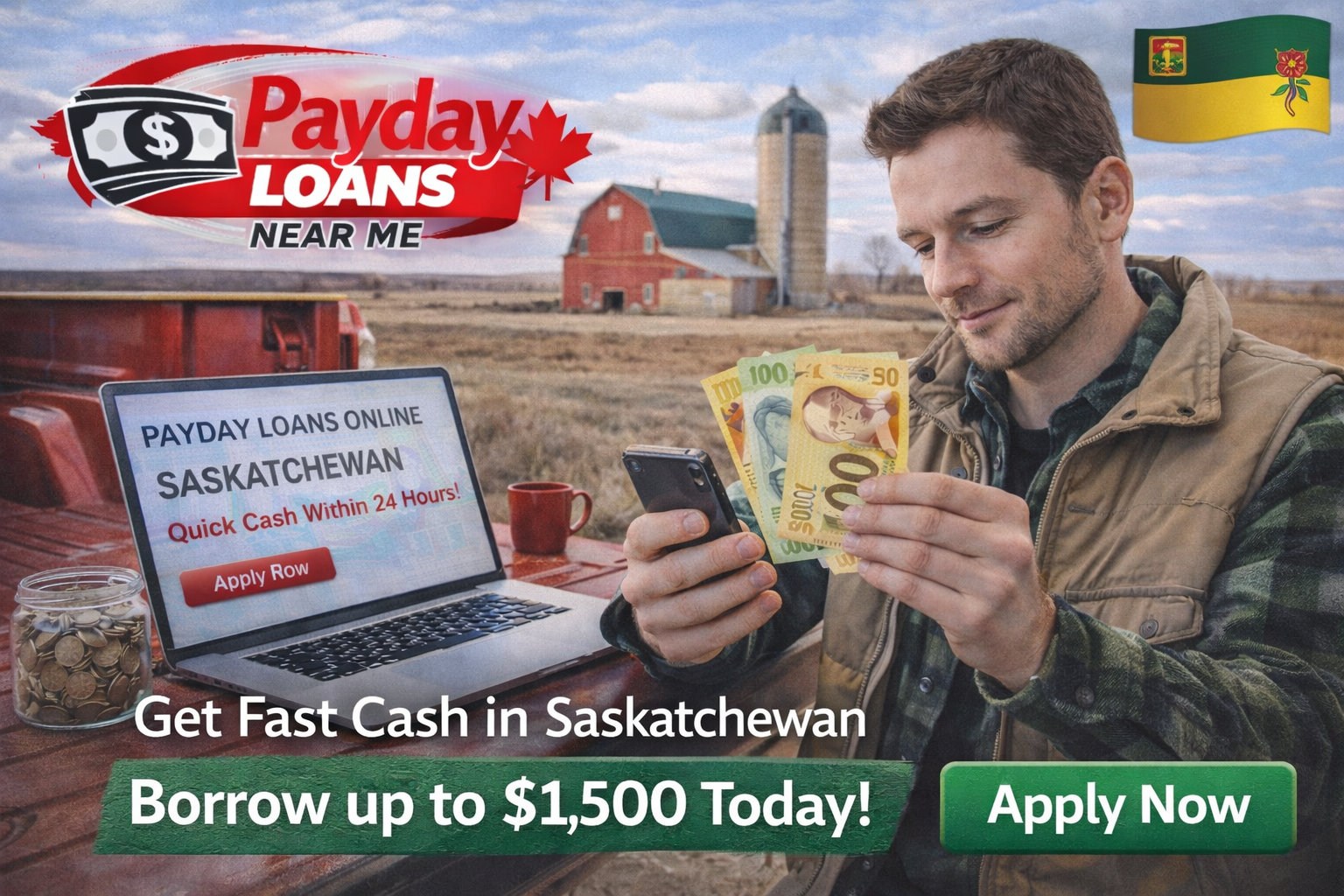 Saskatchewan borrower reviewing payday loan information online with Canadian cash